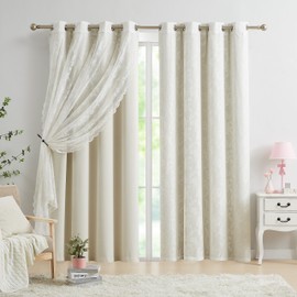 Lotusolution Beige Curtains for Living Room 95" Long Double Layer Blackout and Lace Sheer Drapes Energy Efficiency Set of 4 Pieces Curtains for Bedroom and Living Room, 52" Width