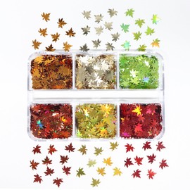 6 Grids 3D Maple Leaf Glitter Nail Sequins Red Gold Leaf Nail Art Flakes Autumn Leaf Glitter Nail Art Accessories Nail Art Design Supplies for Manicure Decorations DIY Crafts