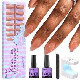 BTArtbox Almond Nail Tips - Brown Soft Gel Nail Kit with 150 pcs Medium Fake Nails, Gel Nail Glue, Top Coat, Nail Lamp, Pre-colored Press on Nails for Nail Art Easy DIY