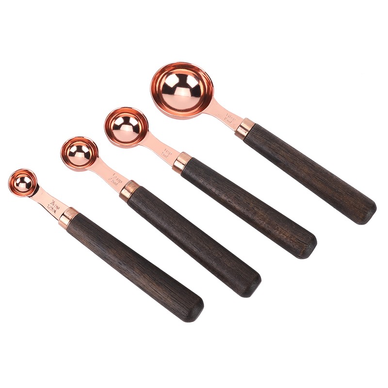 4Pcs/Set Stainless Steel Measuring Spoon Set Rose Gold with Wood