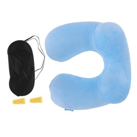 Kisangel Inflatable u Shaped Travel Neck Pillow for Airplanes Firmness Enhanced Neck Support Washable Sky-Blue Cover for Long Flights and Car Rides Includes Eye Mask and Earplugs