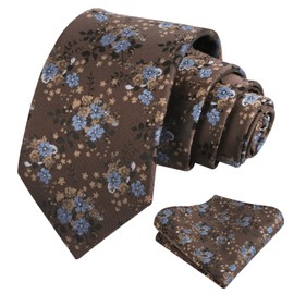 Alizeal Mens Floral Patterned Necktie with Pocket Square for Formal Business Wedding Tie Set, Brown+Light Blue