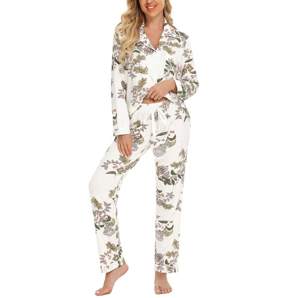 Senert Womens Pajama Set Long Sleeve Sleepwear Leaf Print Cotton