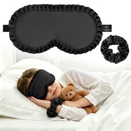 Kids Sleep Mask-Silk Eye Mask with Adjustable Strap Blindfold Sleeping Mask for Kids Matching Hair Ties Accessories Soft Eye Cover Gift for Girls Teens (Black)