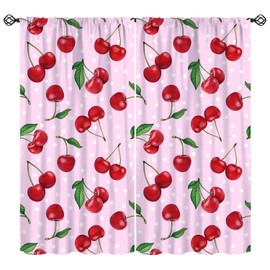 Djaby Pink Cherry Window Curtain, Cute Dots Summer Fruit Print Window Curtains for Kids Room Living Room Bedroom 42" W X 45" L(Blackout 30%)