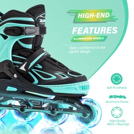 2PM SPORTS Vinal Girls Adjustable Flashing Inline Skates, All Wheels Light Up, Fun Illuminating Skates for Kids Women and Men - Mint Large