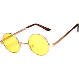 OWL Round Retro Vintage Circle Style Tint Sunglasses Metal Colored Frame Colored Lens Brand (Round_43mm_gld_yell_grd, PC Lens)