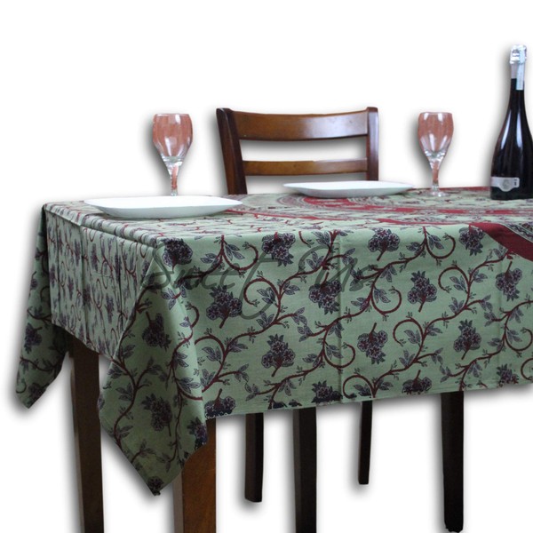 Sweet Us Rectangle Cotton Linen Tablecloth Green, Crimson Red Floral Vine Table Cloth Washable 58 x 90 Inch Table Cover for Indoor and Outdoors