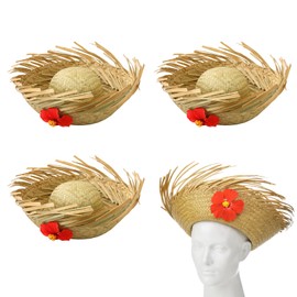 Cuffbow 4 Pcs Hawaii Straw Hat Pava Hat Puerto Rico Hibiscus Beachcomber Panama Cap Hawaiian Luau Farmer Cap Sombrero Headwear for Summer Pool Party Props Accessories(Natural)