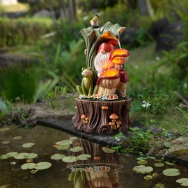 Kalona Gnome Outdoor Fountain with LED Lights, Resin Tree Stump Waterfall Fountain for Patio Balcony Yard, 21" Tall Garden Water Feature 25007