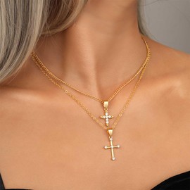 Enautoabs Boho Layered Cross Necklace Choker Crystal Cross Pendant Necklace Gold Religious Cross Necklace Rhinestone Cross Choker Necklace Jewelry for Women
