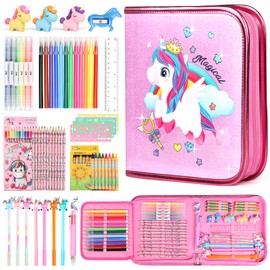 Hot Bee Colouring Pens Toys 56 PCS, Unicorn Gifts for Girls 3-7 Year Old, Stationery Set, Arts and Crafts for Kids, Travel Toys