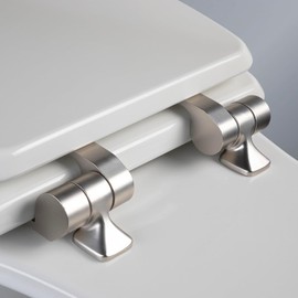 Mayfair Bennett Toilet Seat with Brushed Nickel Hinges, Slow Close Wood Seat, Secure Metal Hinges, Easy Install, Elongated, White