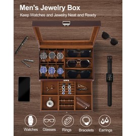 Jenseits Watch Organizer & Jewelry Box for Men – 6 Watch Slots, 3 Sunglass Slots, Drawer for Rings, Bracelets & Cufflinks, 2-Layer Leather Watch Display Case w/Glass Lid, Gift for Men & Women, Brown