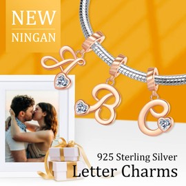 NINGAN Alphabet Series Pendant Charm Rose Gold 925 Sterling Silver Letter Charms Initial A-Z Dangle Beads for European Charm Bracelet, Silver, Cubic Zirconia