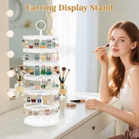 MODOWEY 6 Tier Rotating Earring Holder Organizer, Adjustable Metal & Plastic Stand Tree with 342 Grooves for Stud Hoop Pierced Dangle Display, Decluttered & Space-Saving Storage Rack for Women, White