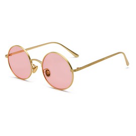 RUNHUIS Vintage Round Sunglasses for Men Women Retro 90s Steampunk Circle Metal Frame Glasses, Gold/Pink
