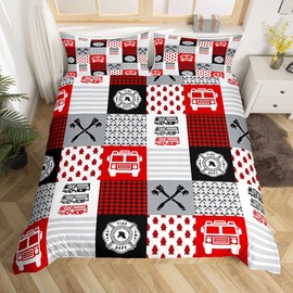 Feelyou Red Fire Truck Car Duvet Cover Firefighter Bedding Set Fire Engine Comforter Cover Kids Firemen Car Vehicle Bed Set Geometric Lattice Grid Twin Size with 1 Pillow Case (No Comforter)