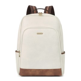 CLUCI Leather Backpack for Women 15.6 inch Laptop Backpack Purse Computer Backpack for Travel Airplane Casual Daypack Beige with Brown