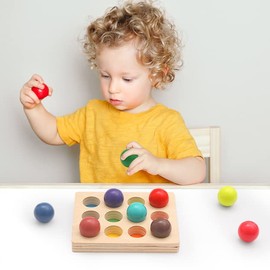 ibwaae Wooden Color Sorting Balls Game Peg Board Rainbow Color Matching Toys 12 Pcs Activities Balls Montessori Toys for Toddlers