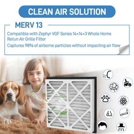 14x14x3 MERV 13 Pleated Air Filter Compatible with Zephyr VGF Series 14x14x3 Whole Home Return Air Grille Filter, MERV-13 Air Filtration System Grille Filters 2 Pack, Actual Size 13-3/8 × 13-3/8 × 3"