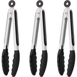 Hotec Silicone Kitchen Tongs for Cooking 9-Inch Serving Tongs with Silicone Tips, Set of 3 (Black)