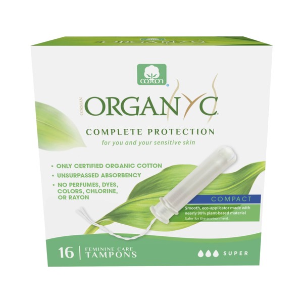 Organyc 100% Certified Organic Cotton Tampons, Plant-Based Eco-Applicator, Super Flow, 16 Count