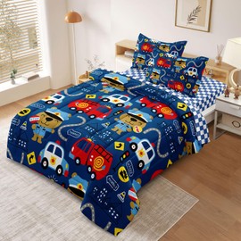 SIRDO Kids Cop Car Comforter Set for Little Boys, Fire Truck Police Car Bedding Set, City Traffic Bedding Collection Include (1 Comforter, 2 Pillowcases, 1 Fitted Sheet, 1 Flat Sheet), Blue