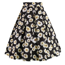 Girstunm Women's Pleated Vintage Skirt Floral Print A-line Midi Skirts with Pockets Black-Daisy XS