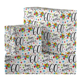 Hunts England - 2 Sheets Of 60th Birthday Luxury Wrapping Paper - Includes 2 Gift Tags - Age 60 Folded Gift Wrap For Him/Her - Iconic Collection - Colourful Age Sixty Gift Wrap For Men/Women