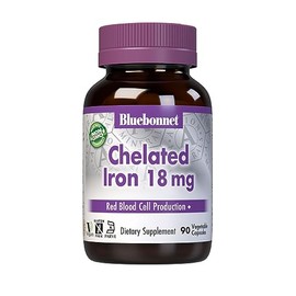 Bluebonnet Nutrition Chelated Iron 18 mg - non-constipating Iron - Soy-Free, Gluten-Free, Non-GMO, Kosher Certified, Dairy-Free, Vegan - 90 Vegetable Capsules, 90 Servings