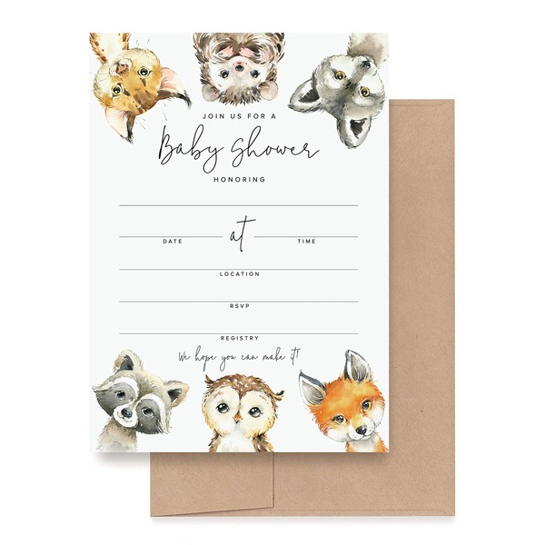 Bliss Collections 25 Baby Shower Invitations with Envelopes Woodland Animals, Forest Creatures, Fox, Owl, Racoon, Wolf, Hedgehog, Bobcat - Gender Neutral, 5x7 Cards