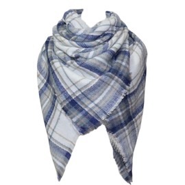 Bufanda de tartán con bufandas de gran tamaño para mujer, chamarra de invierno cálido con borlas, Blanco/Azul, Talla única
