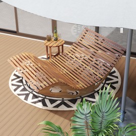 RELAX4LIFE Rocking Double Chaise Lounge, Acacia Wood Sun Bed Lounger w/Slatted Seat, Bottom Stopper, Indoor Outdoor Loveseat Rocker for Pool Patio, 440LBS Capacity, Wooden Rocking Lounge Chair (1)