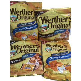 Werther's SUGAR FREE Chewy Soft Caramels and Coffee Caramel Filled Candy 2.75oz, (Pack of 4 Bags)
