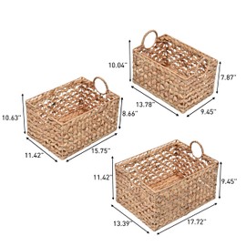happimess BSK2010A-3SET Quinn Bohemian Cottage Woven Hyacinth Rectangular Wicker Storage Baskets with Handles, Natural (Set of 3), Seagrass Containers for Decoration in Bathroom, Bedroom, Living Room