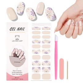 WOKOTO Semi Cured Gel Nail Strips, 20 Pcs Flower Beige Semi Cured Gel Nail Stickers Full Nail Wraps With Nail File & Wood Stick, UV Light Required, Salon Quality, Easy to Apply&Remove