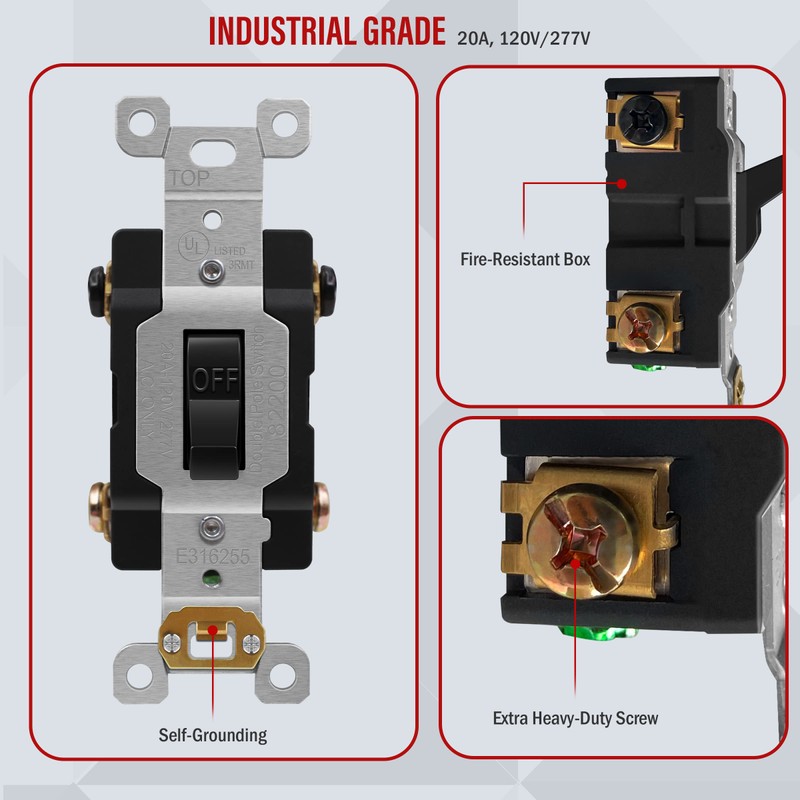 ENERLITES 20 Amp Double-Pole Toggle Light Switch, 20A 120/277V, Self-Grounding,