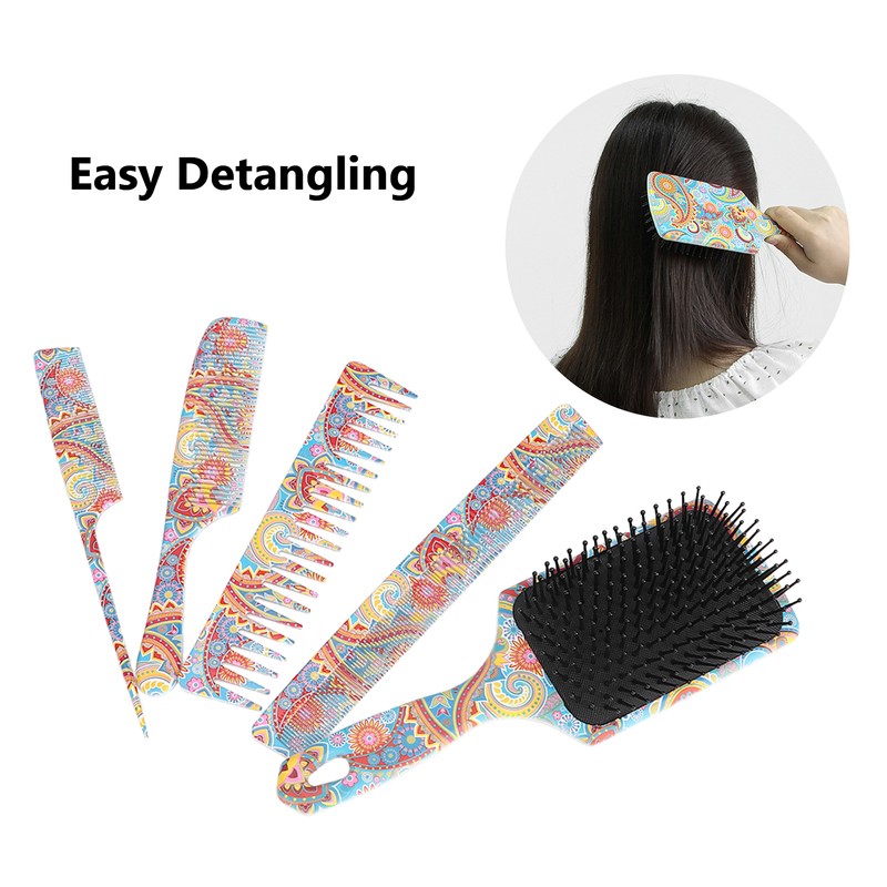 5pcs Paddle Hair Brush Set Easy Detangling Brush Tail Comb