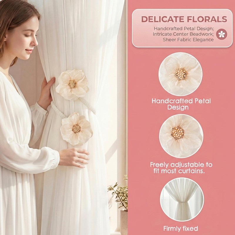 2 PCs Adjustable Boho Curtain Tieback Beige Flower Rustic Rope