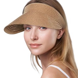 SSKHE Damen Papierstroh Visor Cap Einfarbig, Breite Krempe Sonnenvisier, Packbarer Pferdeschwanz Sonnenhut, Schildkappe Uni verstellbar,Sonnenhüte für Damen,Sonnenschild Kopf(Khaki)