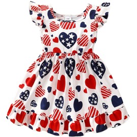 RETSUGO 4th of July Dress Girls FlutterSleeve Independence Day Heart Print Memorial Day Outfit Kids American Flag Patriotic Dresses 5-6 Years