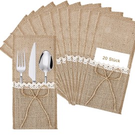 Cosswe Jute Cutlery Bag, Pack of 20 Cutlery Bags Jute with Lace Cutlery Holder Utensil Holder Made of Hessian Vintage Table Decoration for Wedding Birthday Party Christmas