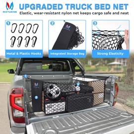 MICTUNING Truck Bed Cargo Net Highly Elastic Cargo Net with Storage Bag Small Mesh Durable Storage Organizer Compatible for 2013-2024 Chevy Silverado (16.9"" X 49"" to 62""), Black
