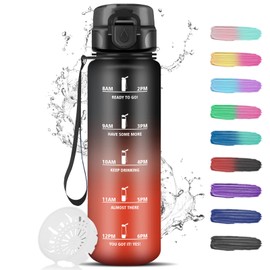 1 Litre Sports Water Bottle with Filter, Leak-Proof Drinking Bottle for Adults, Water Bottle with Time Marking, Motivational Water Bottle for Hiking, Gym, Camping, Outdoor, Black Red