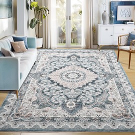 Foxmas 6x9 Area Rugs for Living Room, Machine Washable Vintage Rug, Non-Slip Low Pile Throw Rugs with Rubber Backing Washable Carpet for Bedroom Dining Room Kitchen Home Decor, Blue