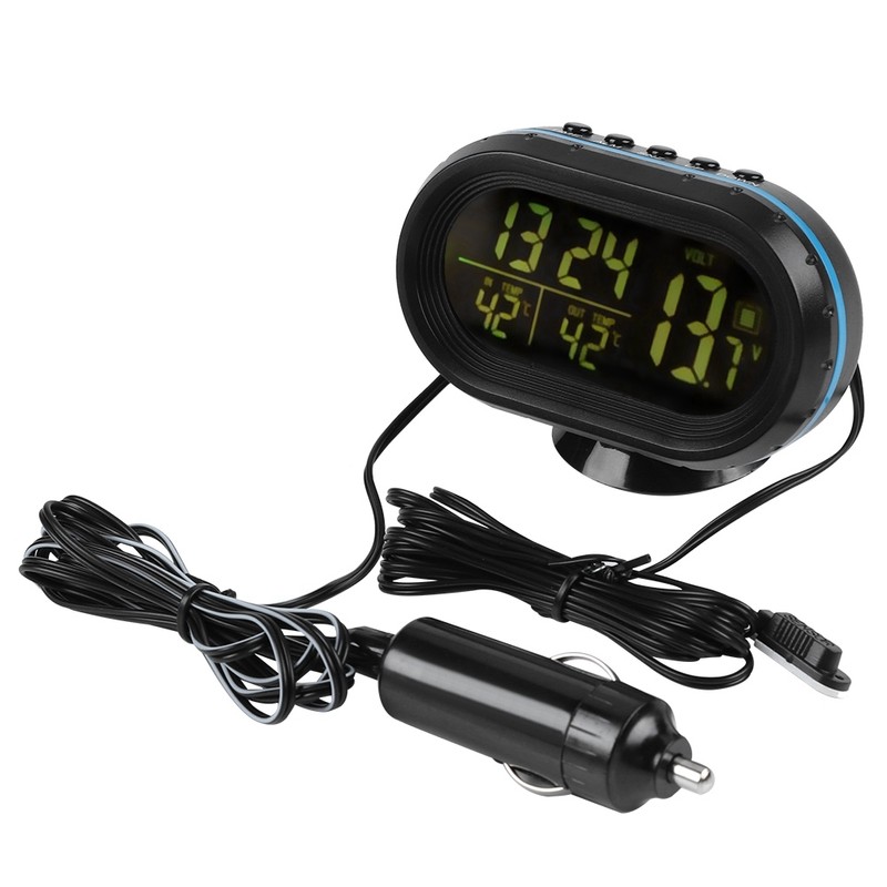 Luminous Clock Car Thermometer Temperature Display Voltage Monitor 12/24H Black