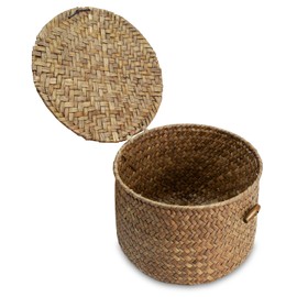 Seagrass Handmade Basket with Lid, Small Round Basket for Storage, Decorative Home Organizer Decor(7.1"L x 7.1"W x 4.7"H, Coffee)