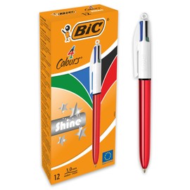 BIC 4 Colours Shine Ballpoint Pens Medium Point (1.0 mm) - Metallic Red Barrel, Box of 12