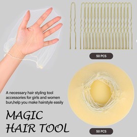 100PCS Sets Beige Hair Nets Invisible and U Shaped Hair Pins Set, 50pcs Bun Hair Nets for Bun, 50pcs Hair Bun Pins for Women, Girls, Ballet Bun(100PCS Sets,Beige)